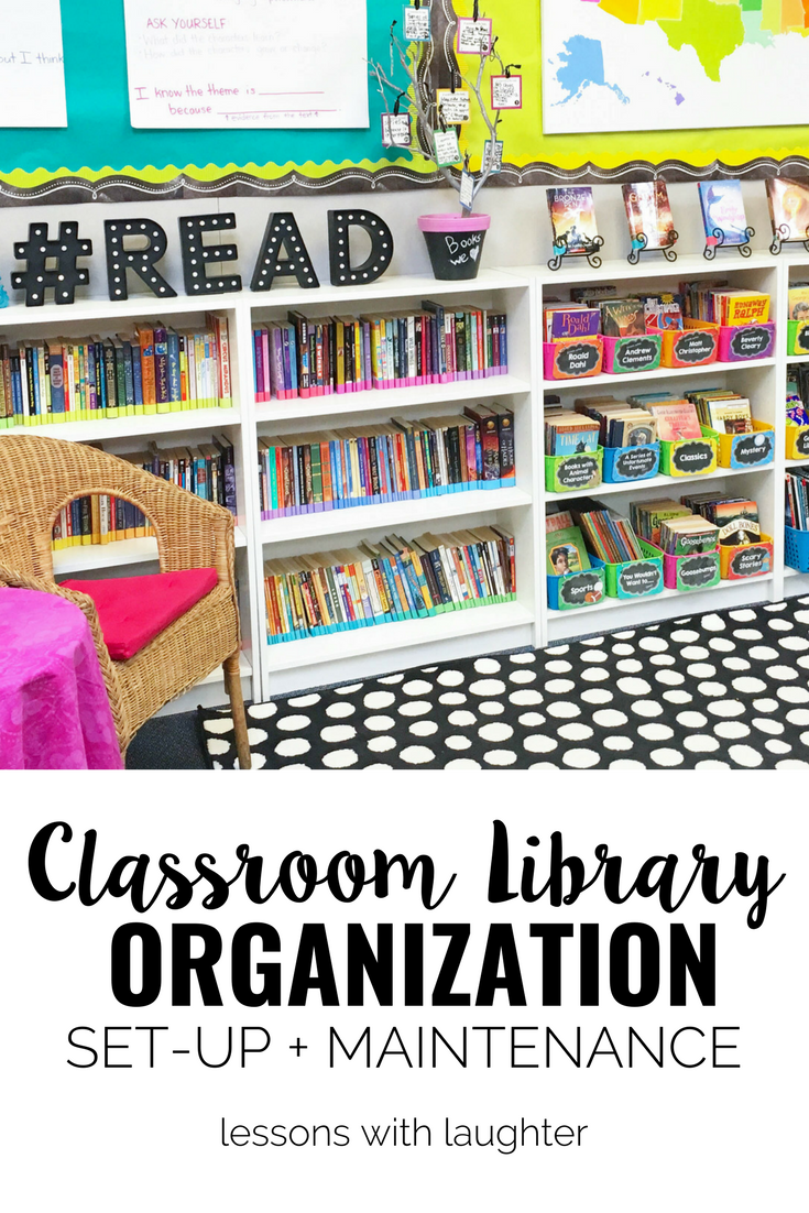 Ideas for organizing a colorful classroom library from Lessons with Laughter