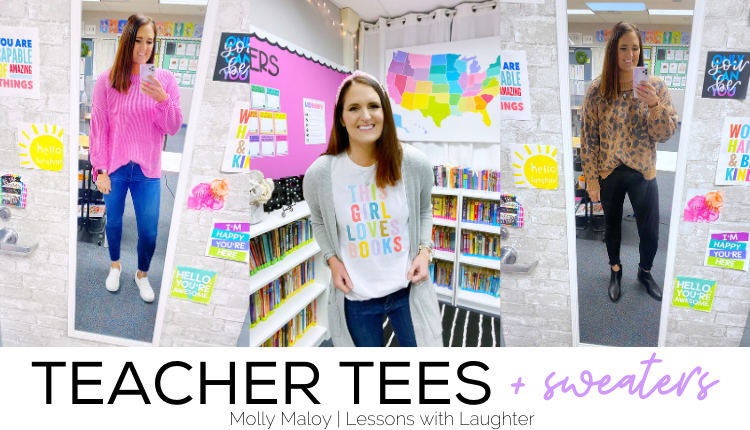 Some of my recent favorite teacher outfits including comfy sweaters and fun teacher tees! Also sharing the coziest sweater of the season!