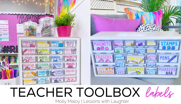 Picture of teacher toolbox labels in two different sized containers with drawers.